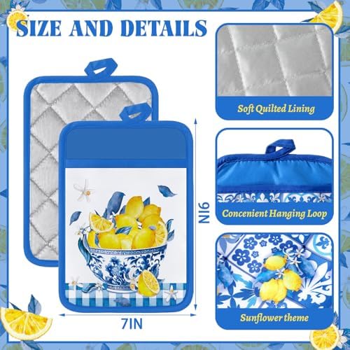 Jingmore 12 Pcs Lemon Pot Holders with Pocket Italian Amalfi Coast Blue and White Potholders Chinoiserie Lemon Hot Pads and Oven Mitts Gloves Housewarming Gifts for Summer Kitchen Baking Cooking - Image 4