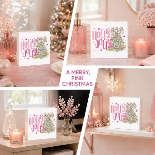 Pink Christmas Decor, Christmas Decorations Indoor, Glitter Bow Flower Xmas Tree Snowflake Holly Jolly Sign Gift for Women Friends, Rustic Wooden Box Sign for Home Office Bedroom Desk Decor 5x5 Inches - Image 5
