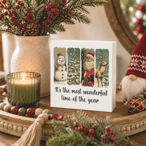 Vintage Christmas Decor, Christmas Decorations Indoor, Santa Claus Snowman Xmas Tree Reindeer Sign Gift for Women Friends, Rustic Wooden Box Sign for Home Office Bedroom Desk Decor 5x5 Inches - Image 3
