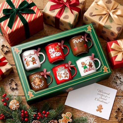 Christmas Gingerbread Man Mugs Set of 6 Winter Hot Cocoa Mug Gifts - Image 2