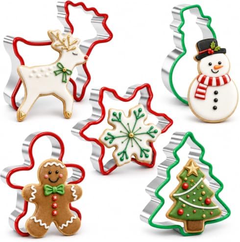 Christmas Cookie Cutter Set, 5-Piece Stainless Steel with Soft Edges by Crethinkaty