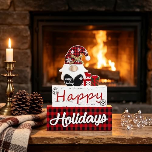 MEETYAMOR Christmas Decor, Large Size 3-Layered Gnome Wood Block with Happy Holidays Sign Christmas Table Decor, Farmhouse Rustic Xmas Decorations Indoor for Home, Mantle, Shelf, Living Room - Image 7