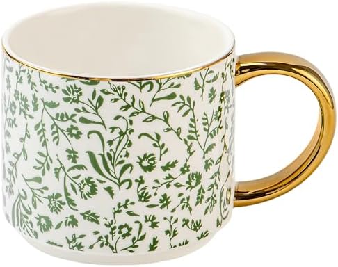 Sweet Water Decor Green Ditsy Coffee Mug, Vintage Green Floral Design with Gold Handle & Rim, 14oz Fine Bone China Tea Cup, Cottage Core Spring Collection, Cute Gifts for Mother's Day & Birthday by SweetWaterDecor
