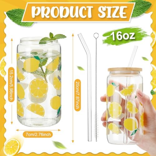 12 Set Lemon Glasses with Lid Straw, Cute Lemon Gift for Women, Employee - Image 2