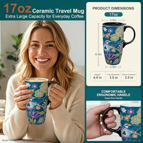 Topadorn 17oz Ceramic Travel Mug with Lid, Bird Floral Coffee Mug - Image 6