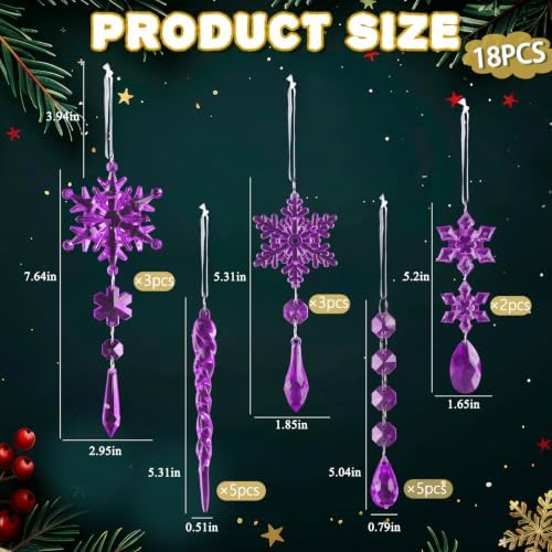 18pcs Crystal Christmas Ornaments for Christmas Tree Decorations-Purple Hanging Acrylic Snowflake and Icicle Ornaments with Drop Pendants for New Year Party Decorations Supplies - Image 3