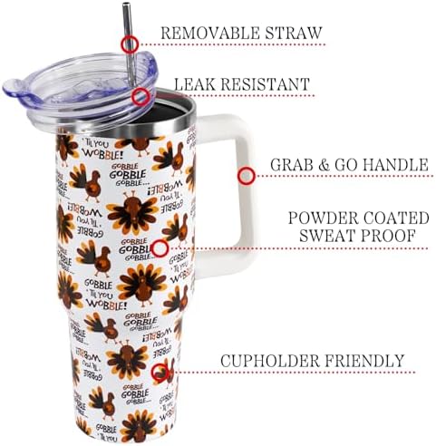 Thanksgiving Tumbler with Handle and Straw Lid 40 oz,Cute Gobble till you Wobble Turkey Gifts for Women Vacuum Insulated Leak Proof Tumbler,Winter Holiday Accessories Stainless Steel Coffee Cup Mug - Image 3