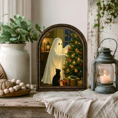 Ghost Christmas Arched Decor, Black Cat Table Sign - Image 6