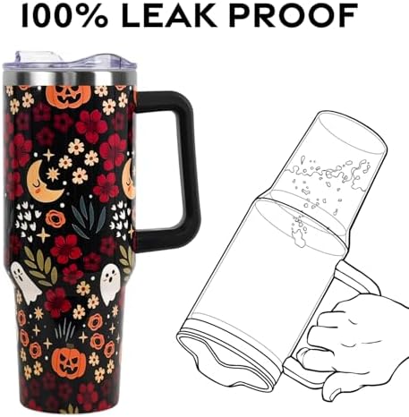 Halloween Tumbler with Lid and Straw 40oz,Fall Skulls Ghost Pumpkins Flower Vacuum Insulated Leak Proof Tumbler,Goth Cute Spooky Gift Women Girls,Thanksgiving Accessories Stainless Steel Coffee Cup - Image 5