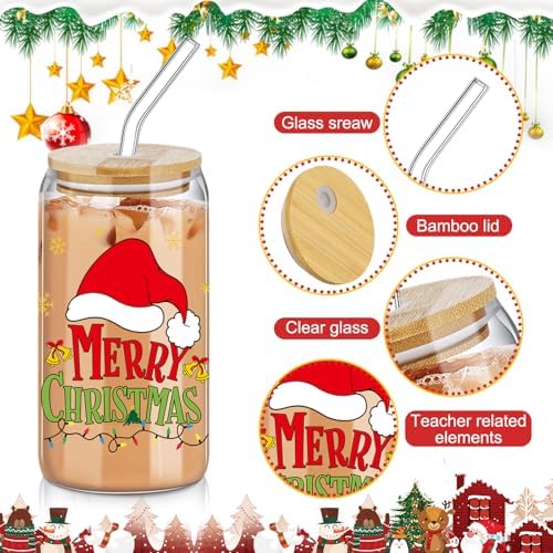 SiliFine 6 Pcs Christmas Glass Cups with Lid and Glass Straw, 16 oz - Image 4