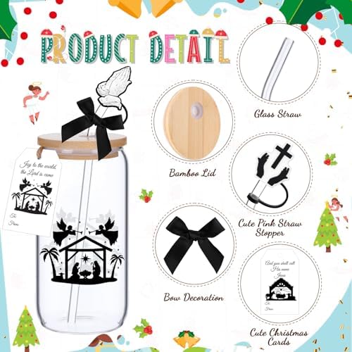 Vesici 6 Pcs Christmas Christian Gift 16 oz Nativity Glass Cups with Lid Straw and Stopper Christian Coffee Cup Tumbler Religious Gifts with Cards and Bow for Women Church Christmas Party Favor - Image 3