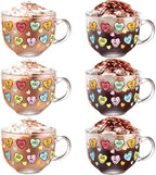 Sliner 6 Pcs Valentines Day Candy Heart Glass Coffee Mugs with Handle, 16 oz Clear Love Conversation Coffee Mugs Irish Glasses Cups for Valentine Gifts Beverages Latte Hot Chocolate(Conversation) by Sliner