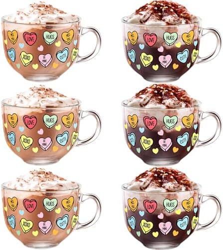 Sliner 6 Pcs Valentines Day Candy Heart Glass Coffee Mugs with Handle, 16 oz Clear Love Conversation Coffee Mugs Irish Glasses Cups for Valentine Gifts Beverages Latte Hot Chocolate(Conversation) by Sliner
