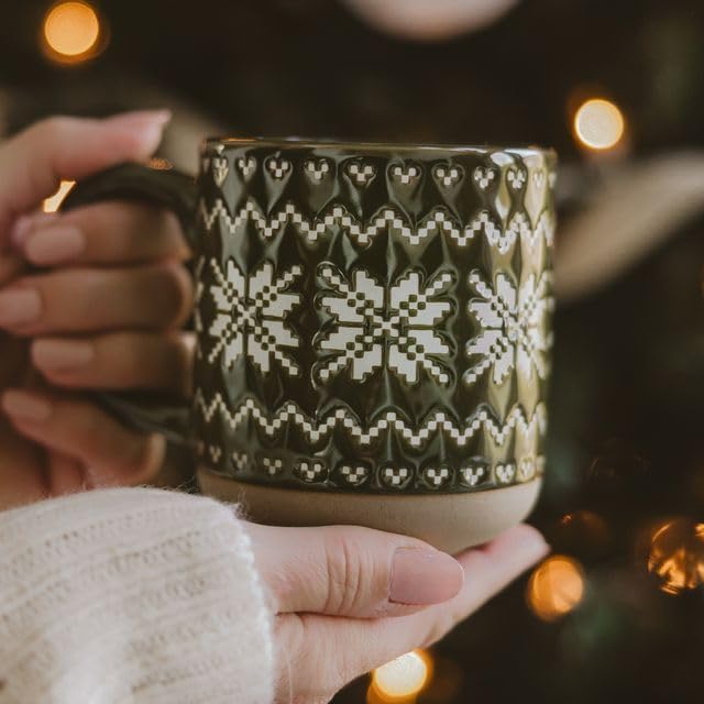 Sweet Water Decor Green Fair Isle Coffee Mug, 14oz Stoneware Christmas Cup - Image 4