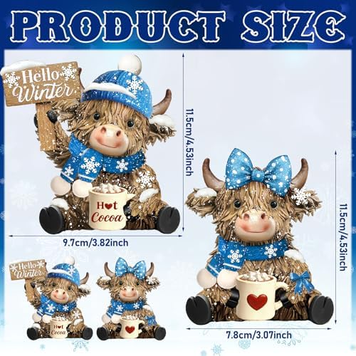 2 Pack Winter Highland Cow Figurine Decor, Resin Table Decor - Image 3