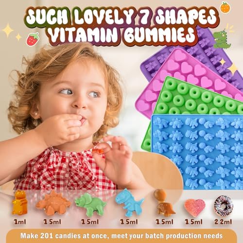 Gummy Bear Molds Silicone Mini Size, Non-stick Chocolate Candy Gummy Mould for Kid with 2 Droppers Including Dinosaur, Bear, Hearts and Donut Shape 201 Cavities - Image 5
