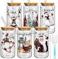 6 Set Christmas Glasses Cups with Bamboo Lid and Glass Straw 16 oz Christmas Drinking Cup Red Black Santa Gingerbread Beer Iced Coffee Cup Xmas Tumbler Mugs for Women Men Holiday Party Gifts by Yetene