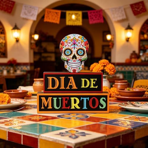 MEETYAMOR Day of the Dead Decor, Wood Block Sugar Skull Dia De Los Muertos Decorations with DIA DE MUERTOS Sign, 3-Layered Wooden Skeleton Decor for Altar, Ofrenda, Home, Table, Mexican Fiesta - Image 5