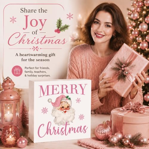 Pink Christmas Decor, Vintage Christmas Decorations Indoor, Snowflake Santa Claus Sign Gift for Women Friends, Rustic Farmhouse Wooden Box Sign for Home Office Bedroom Desk Decor 5x5 Inches - Image 6