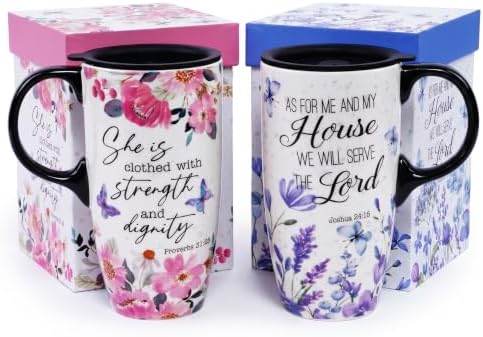 Topadorn 17oz Ceramic Travel Mugs Set of 2 with Lids, Floral Designs by Topadorn