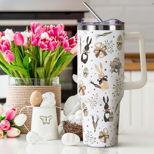 Easter Tumbler with Handle and Straw Lid 40 oz,Cute Easter Spring Gift for Women Men Bunny Rabbit Eucalyptus Eggs Carrots Vacuum Insulated Leak Proof Stainless Steel Coffee Cup Mug - Image 2