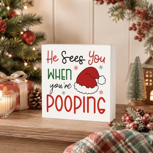 Christmas Bathroom Decor, Funny Santa Hat Christmas Decor Wooden Box Sign - Image 5