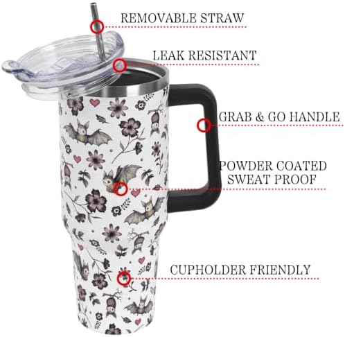 Halloween Tumbler with Lid and Straw 40oz,Cute Floral Bat Hearts Vacuum Insulated Leak Proof Stainless Steel Coffee Cup,Goth Cute Spooky Halloween Accessories Gift for Women Girls - Image 4