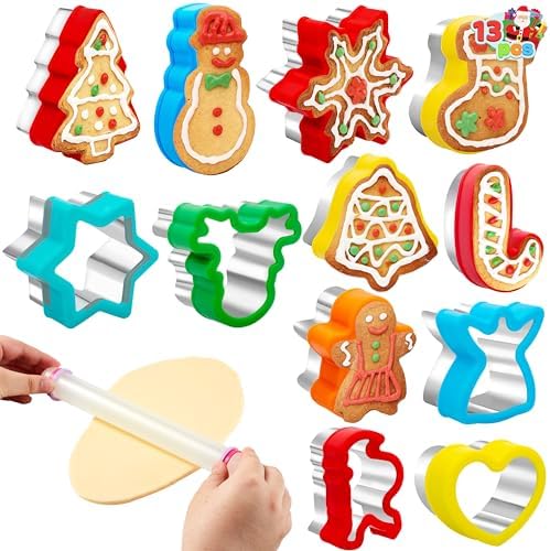 JOYIN 13PCS Christmas Cookie Cutters Set in Stainless Steel with a Rolling Pin for Xmas Holiday Party Baking Supplies, Gingerbread Men, Socks, Christmas Tree, Snowflake, Candy Cane for Baking by JOYIN