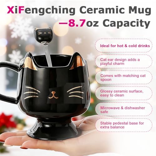 Christmas Mugs High-Footed Ceramic Cat Mug – 13.5oz Unique Coffee Cup with kitty Expression Design, Fun Gift for Women, Girls, Kids, Cat Lovers (black) - Image 4