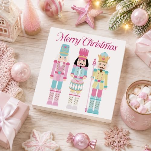 Pink Christmas Decor, Nutcracker Christmas Decorations Indoor, Merry Sign Gift for Women Friends, Rustic Farmhouse Wooden Box Sign for Home Shelf Office Bedroom Living Room Desk Decor 5x5 Inches - Image 4