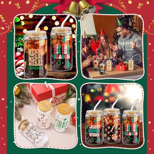 SiliFine 6 Pcs Christmas Glass Cups, 16 oz with Lids and Straws - Image 6