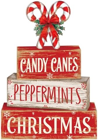 Moucuny 4 Pcs Christmas Candy Cane Table Decor Xmas Wooden Block Signs by Moucuny