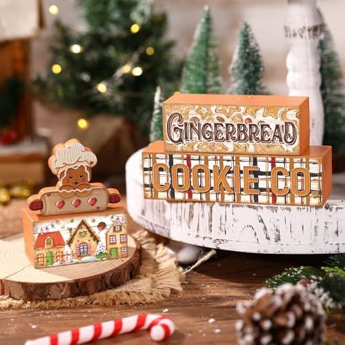 Moucuny 4 Pcs Christmas Gingerbread Table Decorations Wooden Block Signs - Image 6