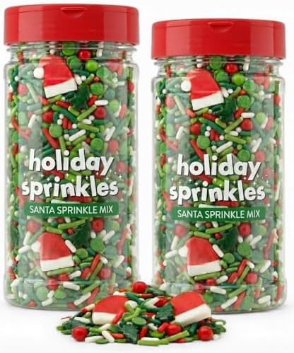 Santa Hat Holly Sprinkles Christmas Mix - 3.8oz Bottles (2 Pack) Festive Red, Green & White Baking Sprinkles with Santa Hats for Cupcakes, Cookies & Holiday Treats by Taboom