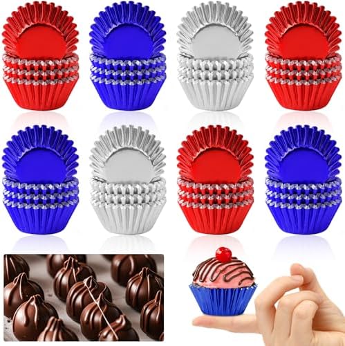 400pcs 4th of July Mini Foil Cupcake Liners Red Blue Silver by AUGSUN