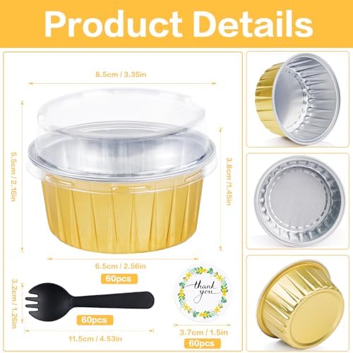 60Pcs Mini Cheesecake Containers, ZOXILEN 5oz 125ml Disposable Aluminum Foil Mini Baking Cups with Lids Spoons, Round Individual Small Cake pans Cupcake liners for Party Gold - Image 2