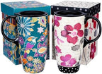 Topadorn 17oz Ceramic Travel Mugs with Lids, Floral Bird Mug Set of 2 by Topadorn