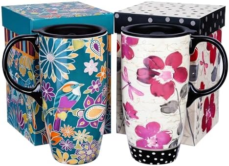 Topadorn 17oz Ceramic Travel Mugs with Lids, Floral Bird Mug Set of 2 by Topadorn