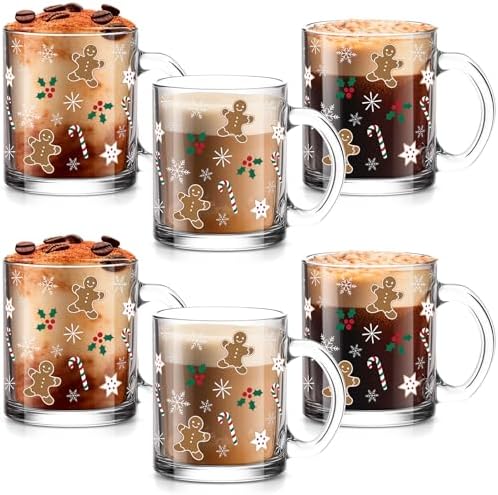 Maxcheck 6 Pack 12 oz Christmas Coffee Mugs, Gingerbread Glass Cups Bulk by Maxcheck