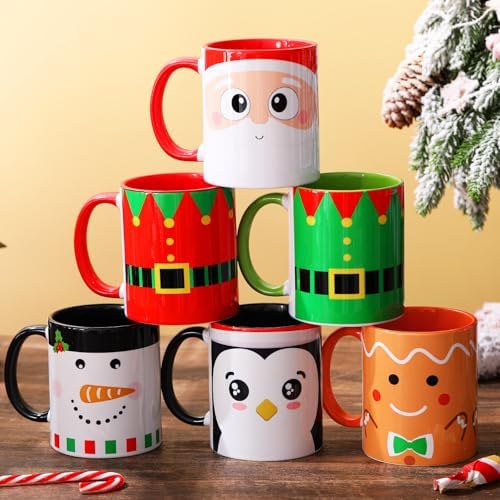 Sliner 11 oz Christmas Coffee Mug Set of 6 with Handle | Funny Xmas Designs Ceramic Mugs, Santa Elf Snowman Penguin Gingerbread Man, Xmas Decorations, Housewarming Holiday Party Gift by Sliner