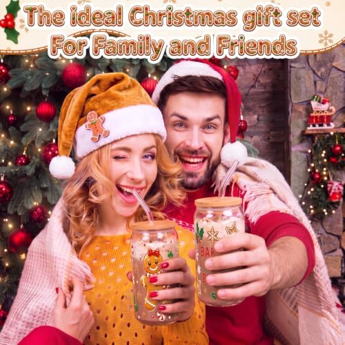 Vesici 6 Pcs Christmas Glasses with Lid Straw and Stopper, Gingerbread Man - Image 6