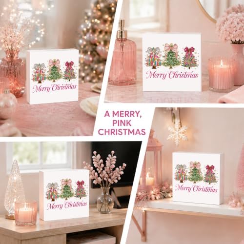 Pink Christmas Decor, Christmas Decorations Indoor, Glitter Bow Xmas Tree Snowflake Merry Sign Gift for Women Friends, Rustic Wooden Box Sign for Home Office Bedroom Desk Decor 5x5 Inches - Image 5