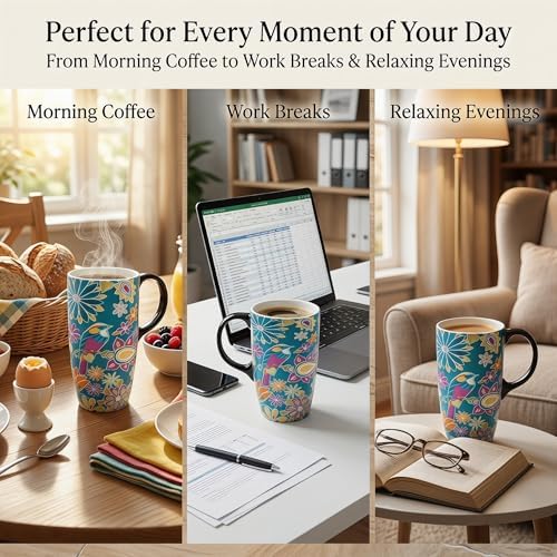 Topadorn 17oz Ceramic Travel Mugs with Lids, Floral Bird Mug Set of 2 - Image 3