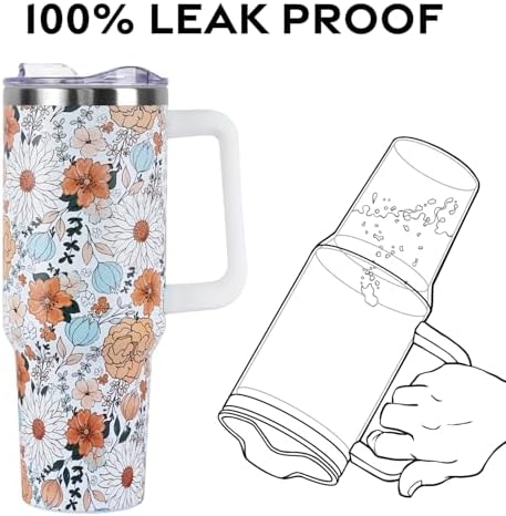 Floral Strawberry Tumbler with Handle and Straw Lid 40 oz,Cute Spring Summer Gift for Women Men Friends Boho Flowers Vacuum Insulated Leak Proof Stainless Steel Coffee Cup Mug - Image 4
