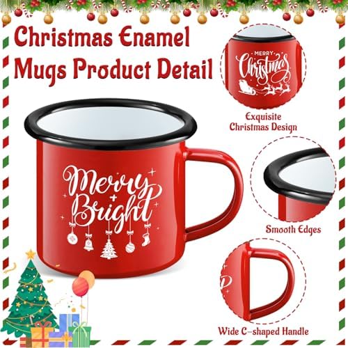 Christmas Enamel Mug Set of 4, 12 oz Hot Cocoa Mugs Christmas Coffee Mugs with Quotes Holiday Mus Stocking Stuffer Xmas Gift for Kids Women Friends Coworkers Family(Red&Quotes) - Image 3