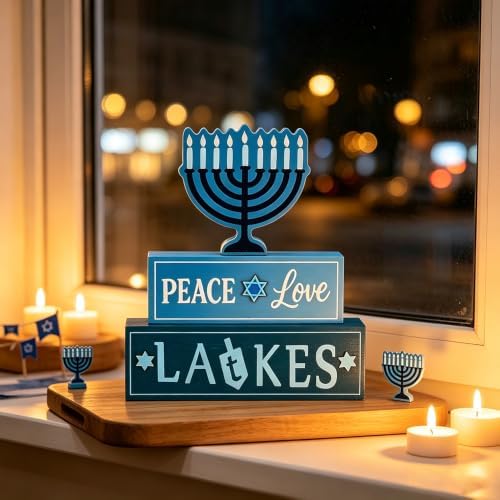 MEETYAMOR Hanukkah Decorations for Home, 3-Layered Wood Block with Dreidel Star of David Menorah Hanukkah Decor, Decorative Blue Jewish Judaism Chanukah Decor for Mantel Tabletop Party - Image 6
