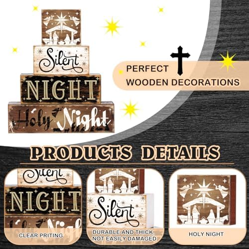 Moucuny 4 Pcs Christmas Holy Night Table Decor Farmhouse Wooden Block Signs - Image 3
