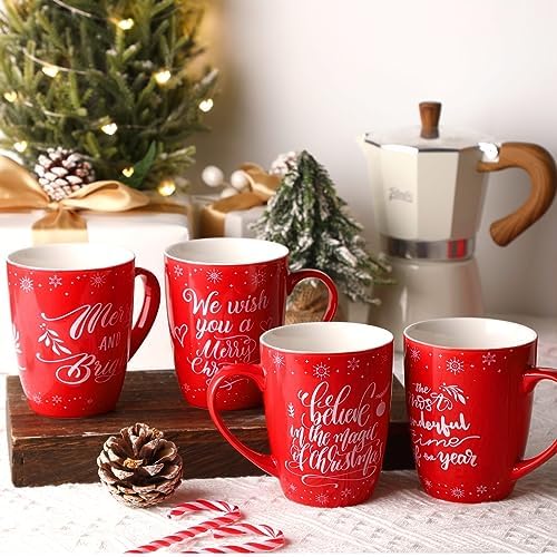 4 Pcs Snowflake Christmas Ceramic Mugs Set, Red Holiday Coffee Cup - Image 2
