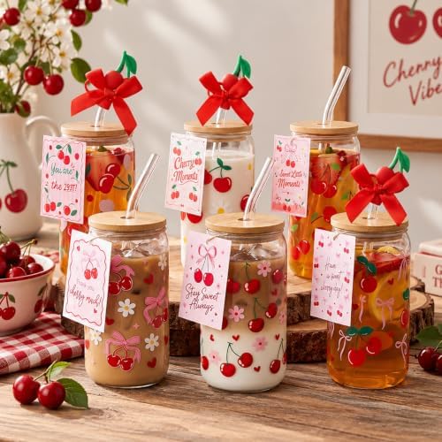 Vesici 6 Set Cherry Glass Cups with Lid Straw and Stopper, Cherry Gift - Image 2