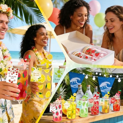 Vesici 6 Set Summer Glass Cups 16 oz Lemon Watermelon Lime Cherry Drinking Tumbler with Lid Straw and Stopper Can Shaped Juice Cup Appreciation Gifts with Cards and Bow for Summer Party Favor Decor - Image 6